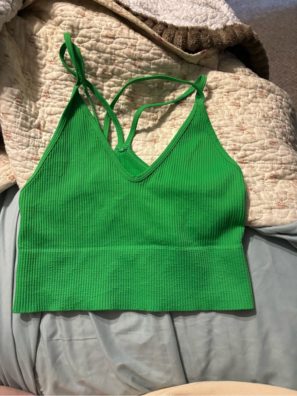 Nikibiki  Green Ribbed V-Neck Crop Tank Top OS